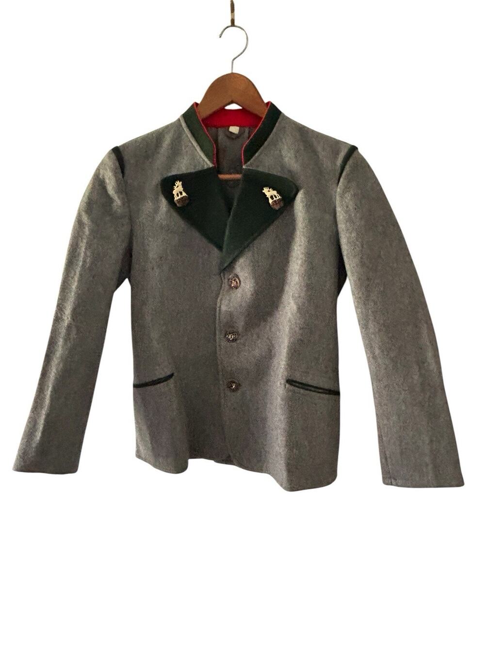 West Germany Kids Trachten Loden Wool Jacket Bavarian Tyrolean Gray Deer Buttons